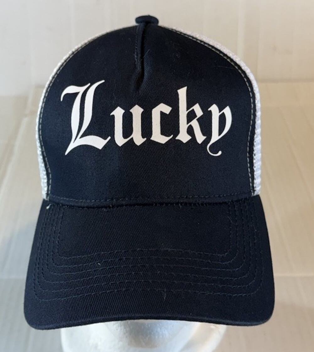 Lucky Brand Script Hat Snap Back Cap Black White Trucker